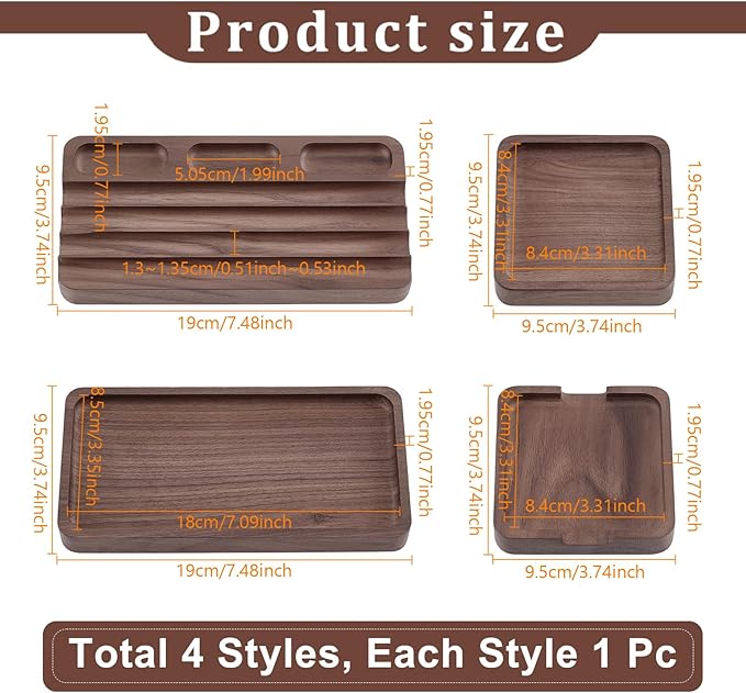 4 Piece Wooden Desk Organizer Tray With Pen Holder, Walnut Wood Pencil Holder, Minimalist Desk Accessories, Mens Valet Tray Office Supplies, Stationery Pen Key Wallet Catchall Trays