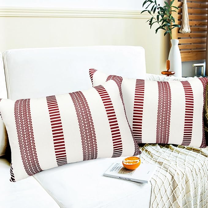 Decorative Throw Pillow Covers Set of 2 Wine Red Boho Striped Pillow Covers 12x20 Inch Throw Pillow Cover Linen Pillowcase Farmhouse Outdoor Pillow Covers for Couch Sofa Bed Living Room