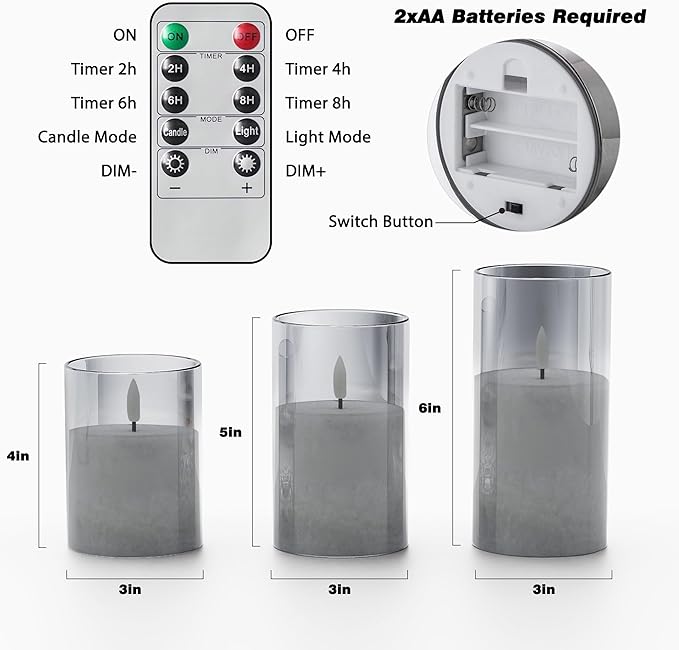 Ice Crystal Real Wax Glass Flameless Candles with Remote & Timer, Battery Operated Candles with Warm Flickering Flame, Realistic LED Candle for Wedding Home Decor [D3×H4/5"/6"] Grey, 3Pack