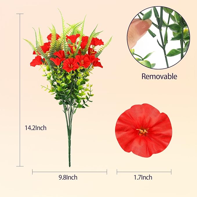 Artificial Flowers Outdoors 12 Bundles Artificial Petunias Fake Flowers UV Resistant Shrubs Plants with Fern for Indoor Outside Hanging Planters Home Garden Summer Decorations (Red)