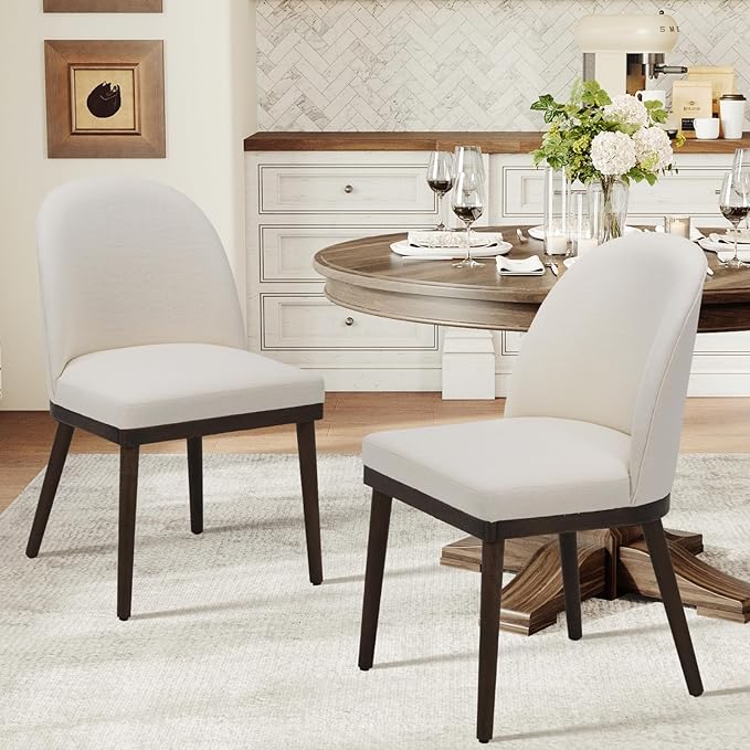 Upholstered Dining Chairs Set of 2, Large Dining Room Kitchen Chairs with High Back and Deep Seat, Modern Fabric Dinner Chairs with Wood Legs, Beige