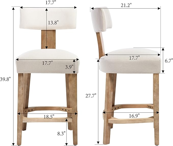 Linen Bar Stools Set of 2, Upholstered 27.7'' Counter Height Barstools with Curved Back, Farmhouse Wood Bar Chairs for Breakfast, Kitchen Island, Cafe, Beige