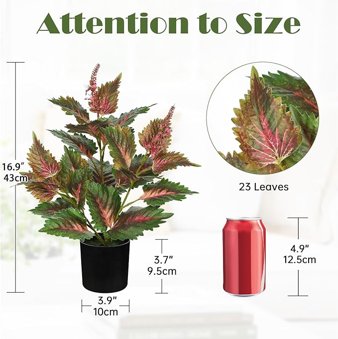 Artificial Plants Indoor with Pot 16.9" Faux Potted Perilla Plants Indoor Decorative Silk Greenery in Black Pot for Farmhouse Home Bathroom Living Room Office Table Shelf Decor