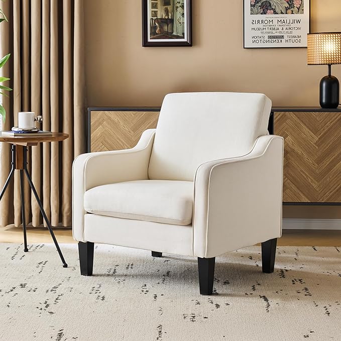 VINGLI Mid Century Modern Fabric Accent Chair,Beige for Living Room Upholstered Armchair with Scooped Arms for Bedroom,Apartment,Studio,Office,Waiting Room,Beige