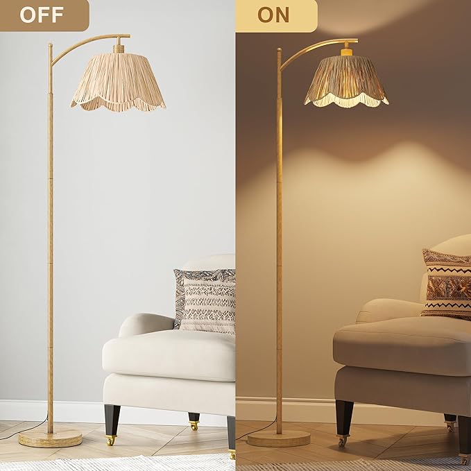 Oneach Boho Floor Lamp for Living Room, Farmhouse Standing Lamp with Foot Switch, Corner Reading Lamps for Bedroom with Hand-Woven Shade, Light Woodgrain Metal Base & Pole
