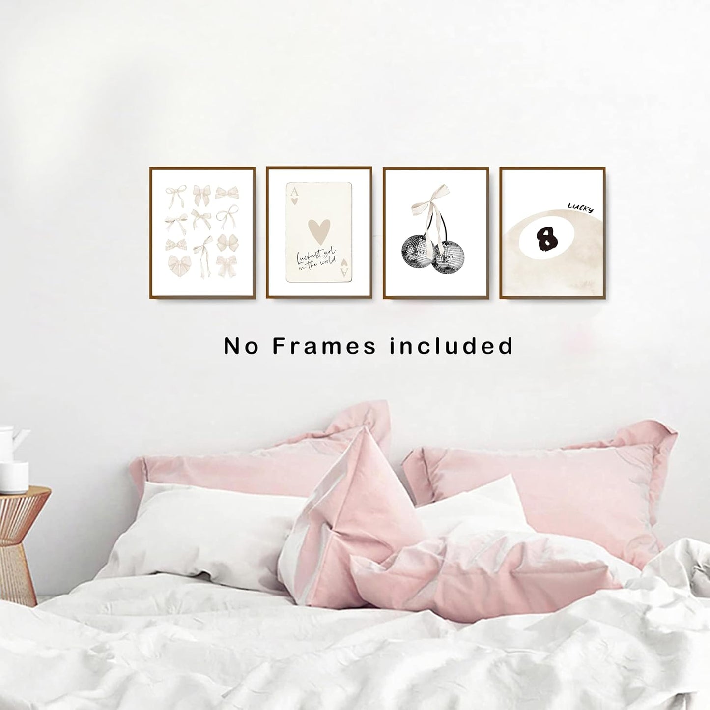 okaxscm Beige Coquette Trendy Preppy Wall Art Prints Set of 4, Coquette Room Decor, Preppy Room Decor Aesthetic, Beige Bow Disco 8 Ball Cherry Wall Decor Posters for Girls Bedroom Dorm, 8x10 Unframed