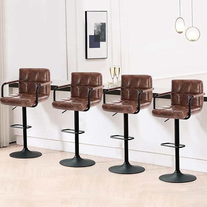 Furniliving Swivel Bar Stools Set of 4, Adjustable Kitchen Counter Height BarStools with Arms, PU Leather Upholstered Bar Chair with Back and Footrest for Dining Room, Kitchen, Pub, Bar (Darkbrown)