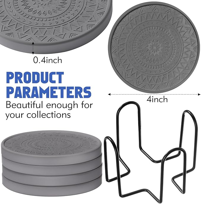 Photect Diatomaceous Earth Coasters Set with Holder Absorbent Stone Drink Coasters Instant Drying Tray for Tabletop Protection Home Decoration Housewarming Gift(Black,4 Pcs)