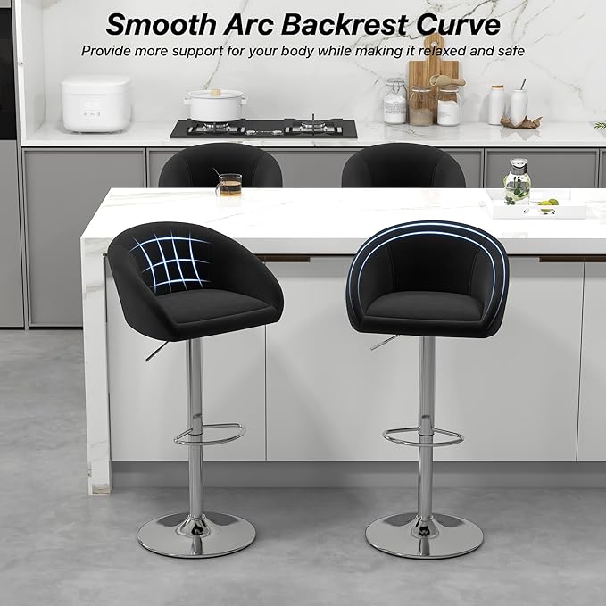 KCC Velvet Bar Stools Set of 2, Counter Height Bar Stools with Low Back, Swivel Barstool for Kitchen Island, Bar Pub (Black)