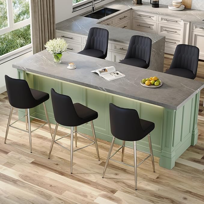 Black Bar Stools Set of 6,27" Counter Height Bar Stools Set of 6,Faux Leather Counter Stools with Soft Padded Seat & Curved Backrest,Modern Kitchen Island Chairs for Dining Café