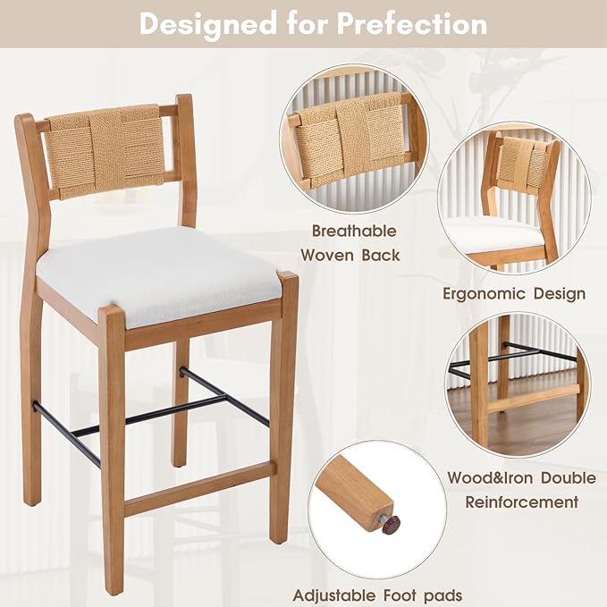 CIMOTA Rattan Counter Height Bar Stools Set of 4, 26" Farmhouse Barstools with Woven Backs, Boho Oak Wood Bar Stool Chairs Linen Upholstered Counter Stools for Kitchen Island/Counter/Bar