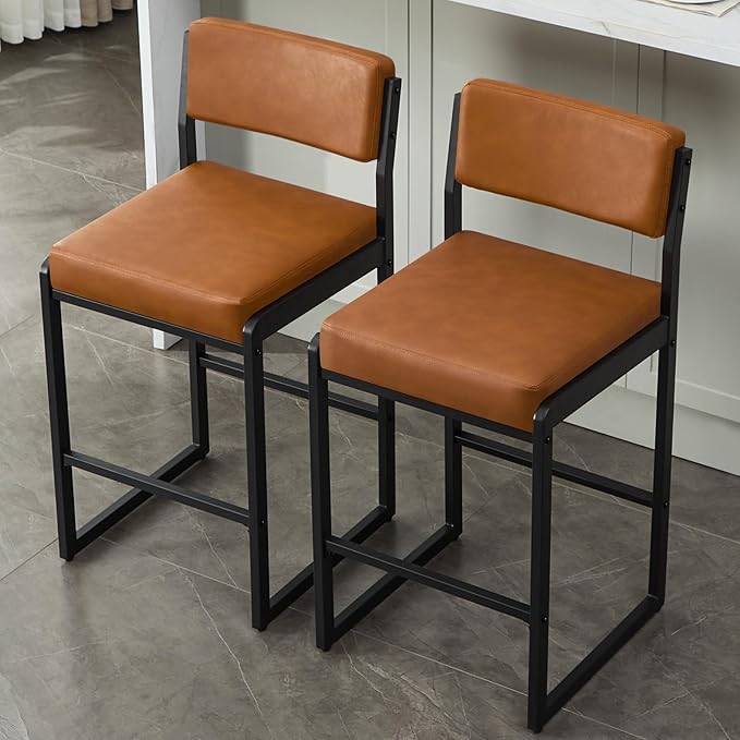 Mid Century Modern Counter Height Bar Stools Set of 3, 26" Bar Height Chairs with Backs, Upholstered Counter Stools, Metal Barstools for Kitchen Island (Brown- Faux Leather, 26"H - Set of 2)