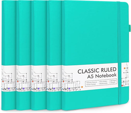 feela 5 Pack Notebooks Journals Bulk, Hardcover Notebook Classic Ruled Lined Journals with Pen Holder for Women Girls School Business Supplies, with 5 Black Pens, 120 GSM, 5.1”x8.3”, A5, Aqua