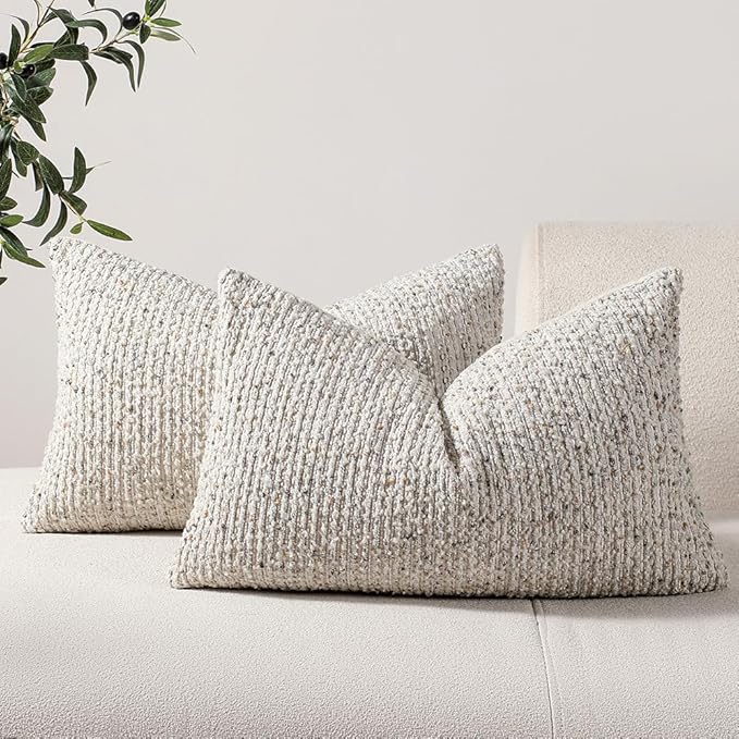 Striped Throw Pillow Covers 12x20 Set of 2 Cream Grey Textured Boucle Chic Morden Boho Accent Farmhouse Rectangular Lumbar Decorative Couch Pillow Covers for Home Decor Bed Sofa Living Room
