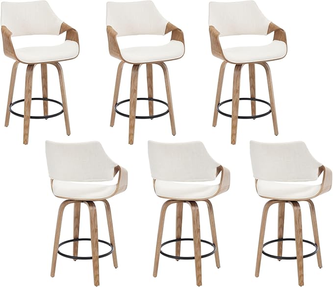 26 Inch Modern Barrel Swivel Counter Stools Counter Height Swivel Bar Stools with Backs Set of 6, Cream Linen Upholstered Bar Height Island Chairs, Farmhouse Solid Wood Barstools for Kitchen Island