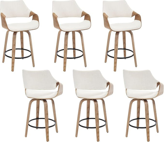 26 Inch Modern Barrel Swivel Counter Stools Counter Height Swivel Bar Stools with Backs Set of 6, Cream Linen Upholstered Bar Height Island Chairs, Farmhouse Solid Wood Barstools for Kitchen Island