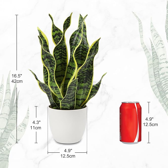 Hollyone Artificial Snake Plant Potted Faux Sansevieria Trifasciata Plants, 16.5" Tropical Fake Snake Plants in White Pots for Home Office Room Indoor Decor Housewarming Gifts