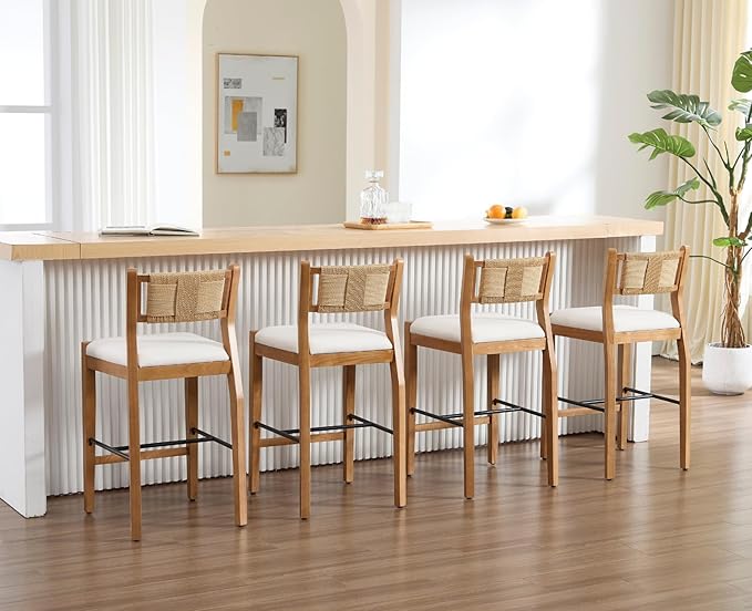 CIMOTA Rattan Counter Height Bar Stools Set of 2, 26" Farmhouse Barstools with Woven Backs, Boho Oak Wood Bar Stool Chairs Linen Upholstered Counter Stools for Kitchen Island/Counter