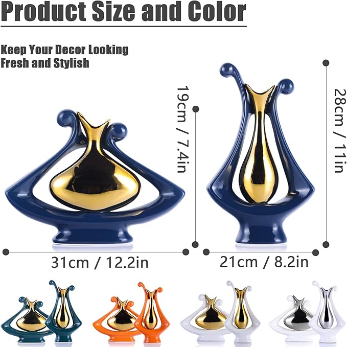 Navy Blue Gold Abstract Art Ceramic Vases for Home Décor Accent,Nordic Modern Minimalist Vases for Flowers,Shelf,Table Centerpieces,Bookshelf,Fireplace Mantle,Rustic,Wedding,Mid Century Décor