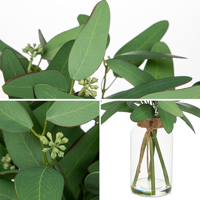 Briful Artificial Eucalyptus Stems in Clear Glass Vase with Faux Water, 14" Fake Plant Eucalyptus Leaves for Home Office Farmhouse Wedding Centerpiece Décor
