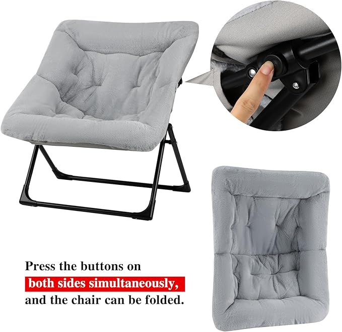 Comfy Saucer Chair for Adults, Soft Faux Fur Bedroom Chair with Ottoman, Accent Dorm Chairs, Living Room Reading Chairs and Footstool, Folding Lounge Seat for Teens, X-Large, Grey