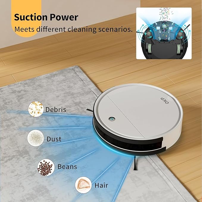 OKP Life Robot Vacuum K5 with 120 Min Runtime, Vacuum Robot Cleaner Compatible with Alexa/APP/Wi-Fi, Self-Charging Super Mini Quiet Robotic Vacuum for Carpets and Hard Floors for Pet Owners and Woman