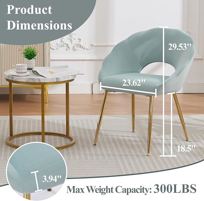Modern Small Accent Chair Set of 2, Comfy Velvet Vanity Chair with Shell Back & Golden Metal Legs, Decorative Chair no Wheels for Living Room, Makeup Room, Bedroom, Green