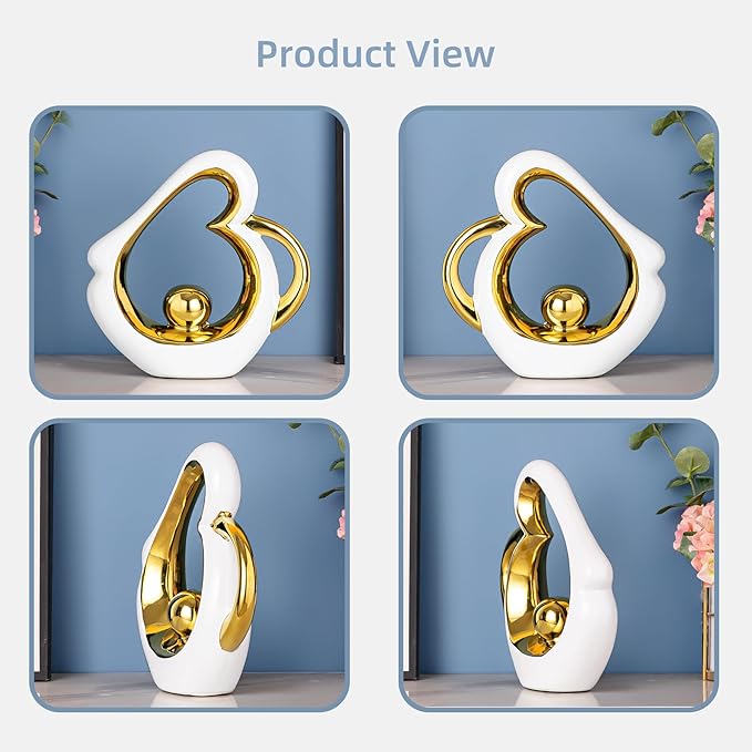 Gold Decor Coffee Table Sculpture, Modern Ceramic Statue, White Sculpture Heart Shape, Entry Table Decor, Living Room Table Centerpiece Ornament, Abstract Art Sculptures Home Decor