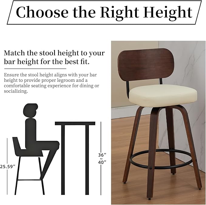 Counter Stools Set of 2, 26 inch Swivel Counter Height Bar Stools with Walnut Back,Upholstered PU Leather, Bentwood Legs, Mid Century Modern Bar Chairs for Kitchen Island, Beige