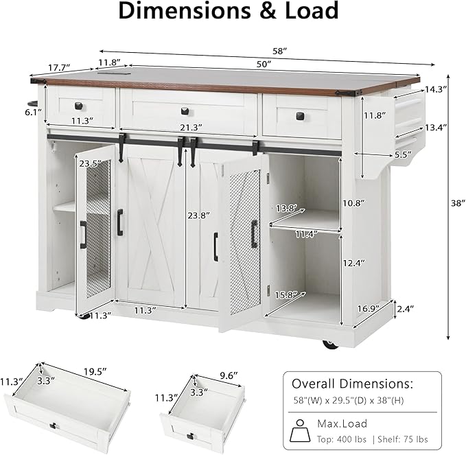 Merax Farmhouse 58 inch Kitchen Island on 5 Wheels with Drop Leaf Table, Power Outlet & Glass Holders, Wood Kitchen Rolling Cart with Spice Rack & Sliding Barn Door, 3 Drawers & Cabinet, White