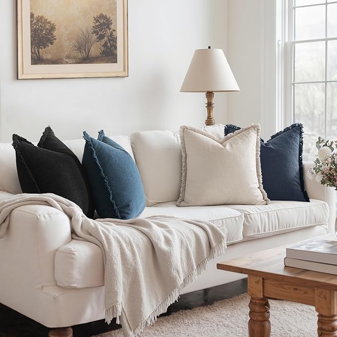 MIULEE Christmas Decorative Couch Pillow Covers Neutral Linen Fringe Throw Pillows Set of 4 Boho Farmhouse Cushion Modern Pillowcases for Bed Sofa Living Room Home Decor 18x18 Inch Beige/Coastal Blue