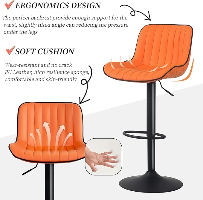 YOUNUOKE Orange Bar Stools Set of 2, Height Adjustable, 360° Swivel, Faux Leather Upholstered Barstools with Back, Mid-Century Modern Design, Stools for Kitchen Island, Home Bar, Bistro, Restaurant