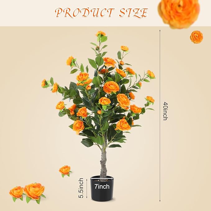 Jexine 2 Pack 40" Artificial Tree with Camellia, Fake Tree with 36 Blooming Flowers, Flower Plants Tree Faux Floral Plant Tree in Cement Pot for Indoor Outdoor Office Home Porch Decor (Orange,40")