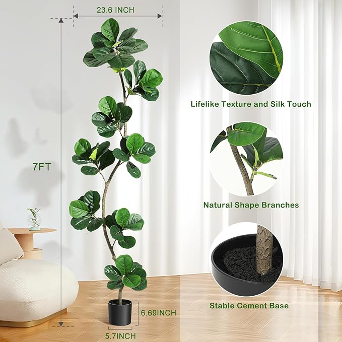 GarveeHome Artificial Fiddle Leaf Fig Tree - 7FT Fake Plant with Black Nursery Planter, Large Floor Plants for Home or Office Decor - Artificial Plants Indoor Outdoor,Housewarming Gift