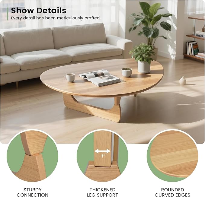Solid Wooden Modern Triangle Coffee Table: Unique Funky Coffee Tables for Living Room, Oval Mid-Century Irregular Abstract Tea Tables for Patio Office Balcony Bedroom (Natural, 50" L x 31" W x 16" H)