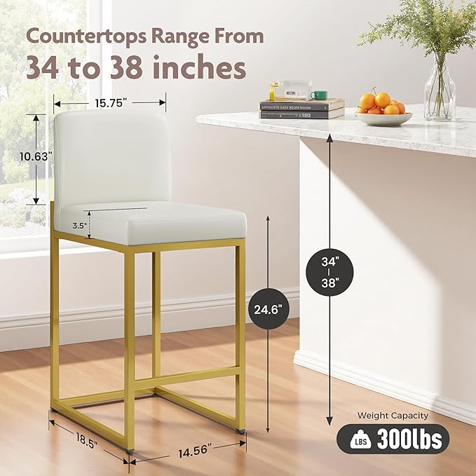 ALPHA HOME 24 Inch Bar Stools Set of 3 Kitchen Counter Stools with Back Pu Leather Counter Chair Counter Height Bar Stools with Upholstered Footrest Sturdy Chromed Metal Steel Frame, White