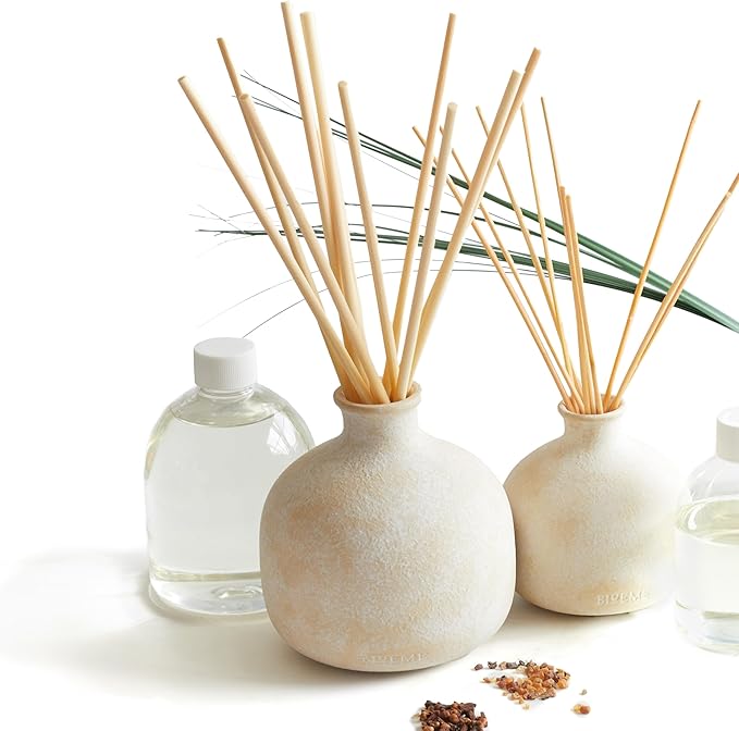 BLUEME Spiritual-Palo Santo & Vetiver, 16.91 Fl Oz Wellness Diffuser, Contains Essential Oil, Sustainable, Hand Finished, Premium, Luxury Ceramic, Natural Rattan Reeds