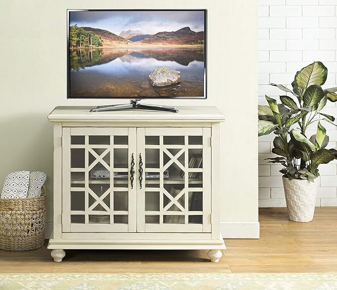Martin Svensson Home Elegant Small Spaces Accent Cabinet with Glass Doors, Vintage Sideboard or Small TV Stand for Living Room or Entryway. Antique Cream White.