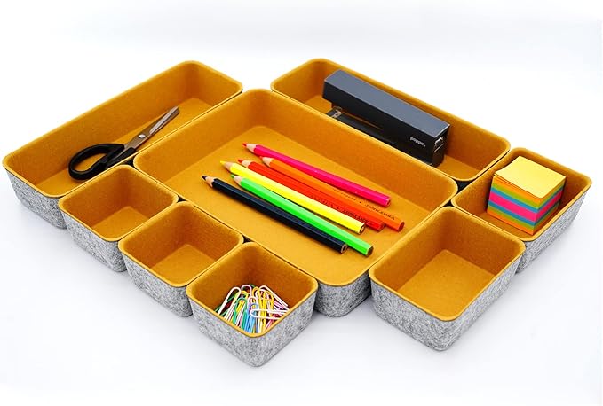 Welaxy desk drawer organizers tray felt storage bin for office suppliers entryway catchall key holder makeup crafts pens decluttering 8-piece fall gift (Curry)