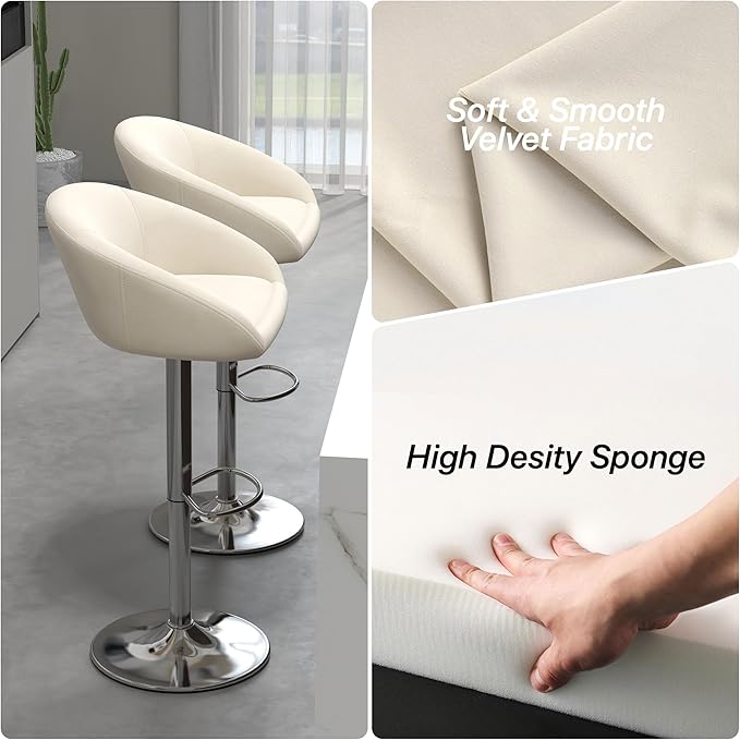 KCC Velvet Bar Stools Set of 2, Counter Height Bar Stools with Low Back, Swivel Barstool for Kitchen Island, Bar Pub (Begie)