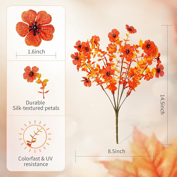 Artificial Mums Fall Fake Flowers for Outdoors, 12 Bundles Faux Mums for Outdoor Planters Autumn Decorations,UV Resistant Silk Flowers Plastic Plants for Outside Front Porch Garden Patio Home Decor