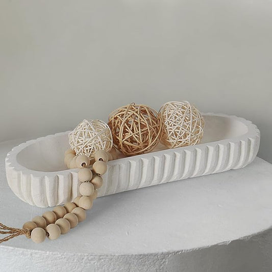 Oakrain Wooden Decorative Bowl, Dough Bowl for Home Decor, 16" Table Centerpiece Bowl with Hand Carved Vertical Stripes for Farmhouse Boho Rustic Style, White