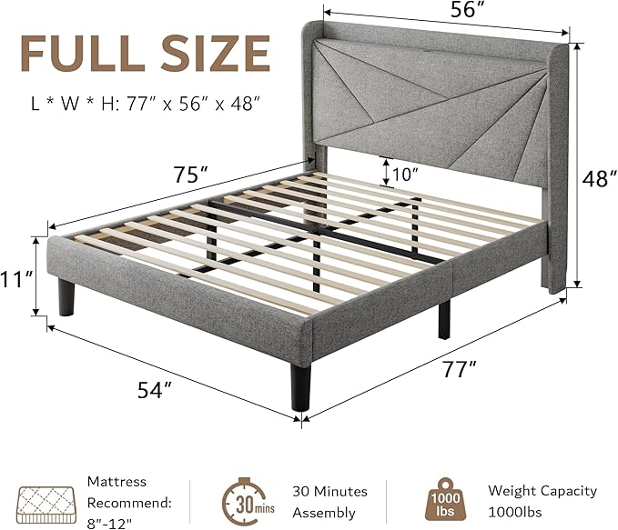 iPormis Full Size Bed Frame with Charging Station, Linen Platform Bed Frame with Wingback Headboard Upholstered Bedframe, Solid Wood Slats Support, No Box Spring Needed, Easy Assembly, Light Grey