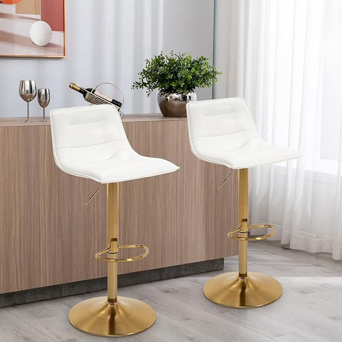 Brage Living Adjustable Bar Stools Set of 2, Modern PU Leather Swivel Counter Height Barstools with Back, Armless Airlift Curved Bar Chairs for Kitchen Dining Cafe (Pearl White, Gold Base)