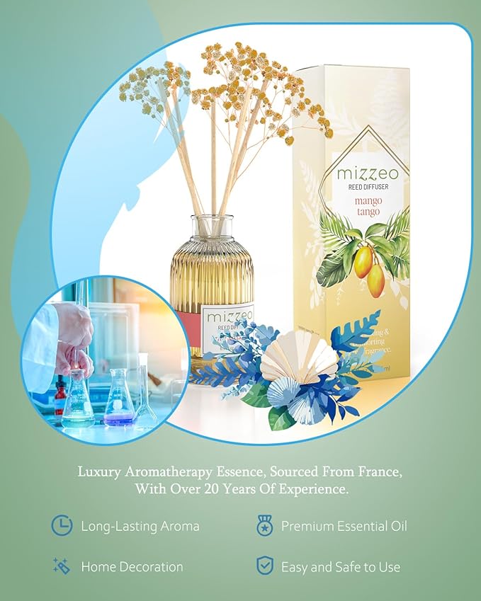 MIZZEO Reed Diffuser Set, Mango Tango 6.76 fl oz Highly Scented Room Diffuser Home Fragrance Essential Oil Reed Flower Diffuser, House Bedroom Office Decor & Gifts