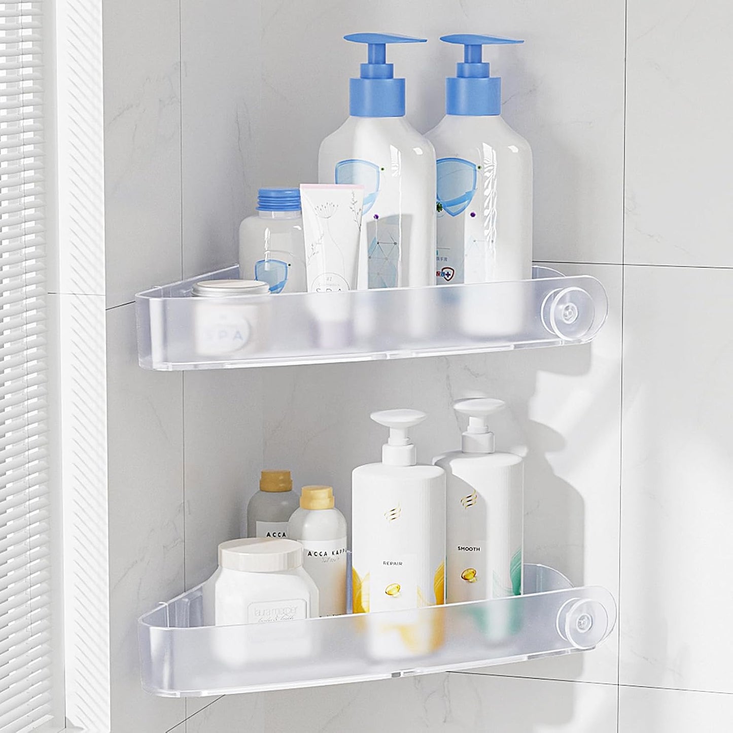 Sotfamily Shower Caddy Corner, 2 Pack Adhesive Corner Shower Shelves for Bathroom Organizers and Storage, Rust Free Plastic Rack for Bathroom Accessories & Decor, Crystal