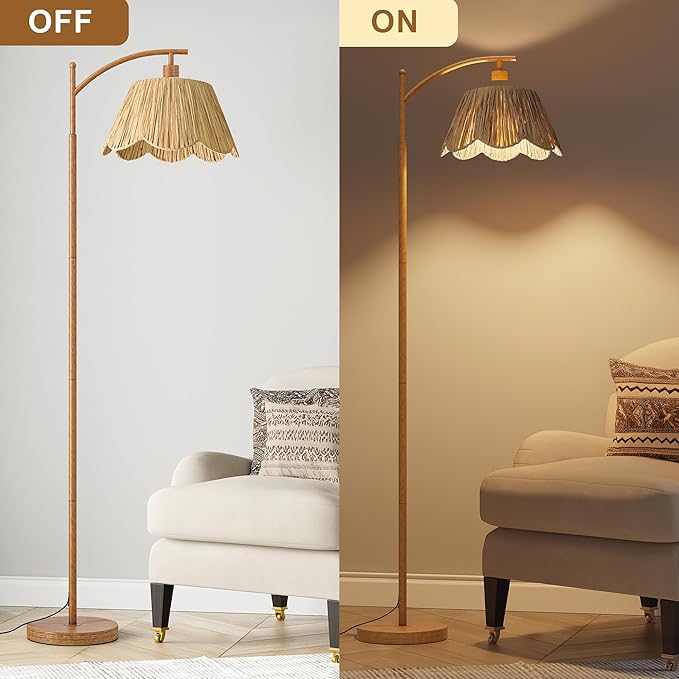 Oneach Rattan Floor Lamp for Bedroom, Boho Floor Lamp with Foot Switch, Farmhouse Standing Lamps for Living Room with Hand-Woven Shade, Walnut Metal Base & Pole