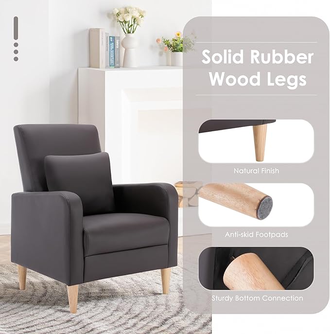 COLAMY Modern Upholstered Accent Chair Armchair with Pillow, PU Leather Reading Living Room Side Chair,Single Sofa with Wood Legs, L-Brown