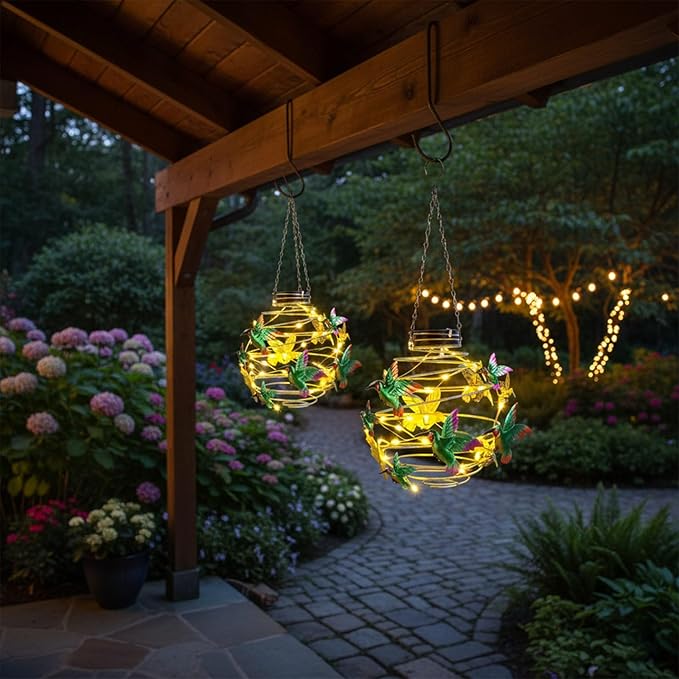 2 Pack Hummingbird Solar Lights Outdoor Hanging Lantern with Handle, Solar Powered Hummingbird Garden Decor for Outside Patio Yard Porch Pathway Butterfly Gifts for Women (Warm White LED Lights)