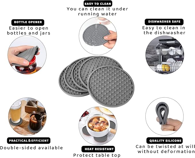 Coasters for Drinks 6 Pack Drink Coasters with Holder,Heat Resistant Silicone Cup Mat Tabletop Protection,Non-Slip Rubber Coaster for Kinds of Cups (Grey)